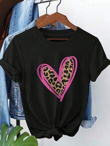 Simple And Versatile Design Leopard Print Heart Collision Of Fashionable Wildlife And Cuteness Graphic Print T-Shirt, Short Sleeve Crew Neck Casual Top For Summer And Spring, Women's Clothing Cotton T-Shirt - 黑色 - 查看 1