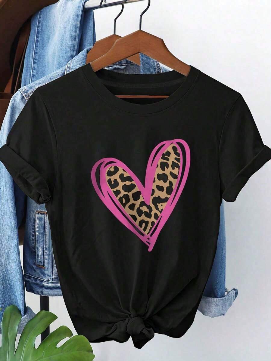 Simple And Versatile Design Leopard Print Heart Collision Of Fashionable Wildlife And Cuteness Graphic Print T-Shirt, Short Sleeve Crew Neck Casual Top For Summer And Spring, Women's Clothing Cotton T-Shirt - 黑色 - 查看 1