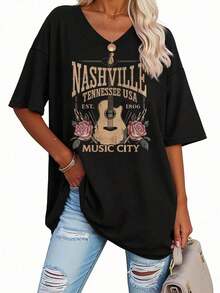 Plus Size Women's Spring/Summer T-Shirt, Comfortable And Loose Fit, Black, With Letter Print, V-Neck, Short Sleeve, Unisex Size, Suitable For Casual Daily Outings, Short Sleeve Summer T-Shirt, Retro T-Shirt With Y2K Print. - 黑色 - 查看 4