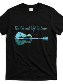 The Sound Of Silence Nature Guitar Mixed T-Shirt | Vintage Style, Crew Neck, Regular Fit, Pure 220G, All-Season, Short-Sleeved, Printed Design - 黑色 - 查看 1