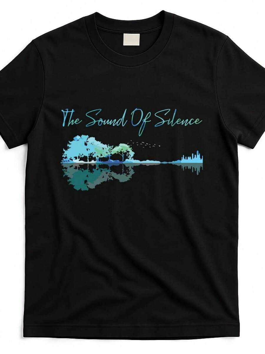 The Sound Of Silence Nature Guitar Mixed T-Shirt | Vintage Style, Crew Neck, Regular Fit, Pure 220G, All-Season, Short-Sleeved, Printed Design - 黑色 - 查看 1