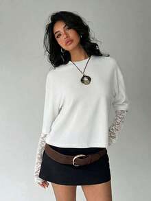 Women's Solid Color T-Shirt With Minimalist Lace Sleeves For Everyday Wear - 白色的 - 查看 6