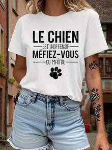 Comfortable, Heavyweight Cotton T-Shirt, 1 Piece. Women's Winter Wear, Ideal For Dog Lovers, Featuring French Bulldog Phrases And Paw Prints. Suitable For Everyday Wear, With A Crew Neck And Short Sleeves. It's A Casual Yet Elegant Top, Perfect For Parties, As Part Of A Set, Or For Fall. Made Of Soft Material, This Printed Shirt Is A Classic Fit, Soft, Loose-Fitting, And Versatile Short-Sleeved T-Shirt For Everyday Wear. - 白色 - 查看 11
