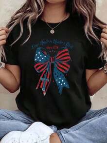Patriotic T-Shirt With American Flag, Bow And Cross, "One Nation Under God Since 1776" For Independence Day And Fourth Of July Celebration, For Women, Men And Unisex, Casual Wear, 220g - 黑色 - 查看 1