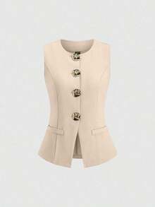 Tall Top sin mangas minimalista y básico de metal con botones grandes para mujeres altas - Albaricoque - Ver 1