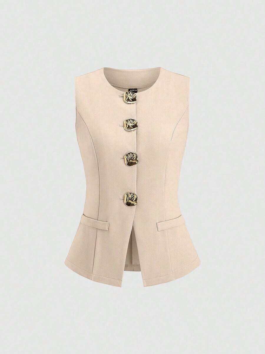 Tall Top sin mangas minimalista y básico de metal con botones grandes para mujeres altas - Albaricoque - Ver 1