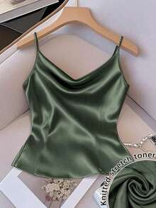 Chaleco sin mangas de mujer de tela tejida brillante, ajuste ceñido, apto para uso diario y para capas, primavera/otoño/invierno - Verde Oscuro - Ver 1
