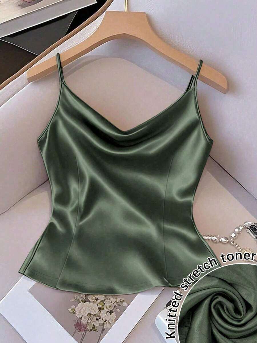 Chaleco sin mangas de mujer de tela tejida brillante, ajuste ceñido, apto para uso diario y para capas, primavera/otoño/invierno - Verde Oscuro - Ver 1