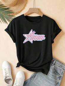 New Women's Short Sleeve T-Shirt With Star Print And "Luau Lover" Phrase Design, Elegant And Beautiful Casual T-Shirt - 黑色 - 查看 6