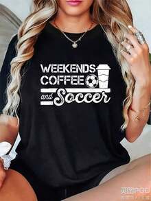 Casual Wear Women's Black Cotton Blend Short-Sleeve Crew Neck T-Shirt With Coffee And Football Graphic Print From Weekends Women's Blouses>Shirt - 黑色 - 查看 1