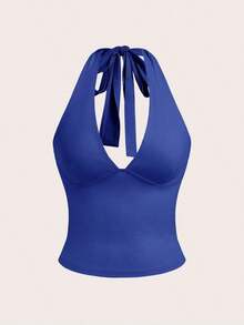 Top de tanque de vacaciones sin espalda de unicolor con cuello en V para mujeres, se puede usar como un collar colgante - azul real 2 - Ver 1