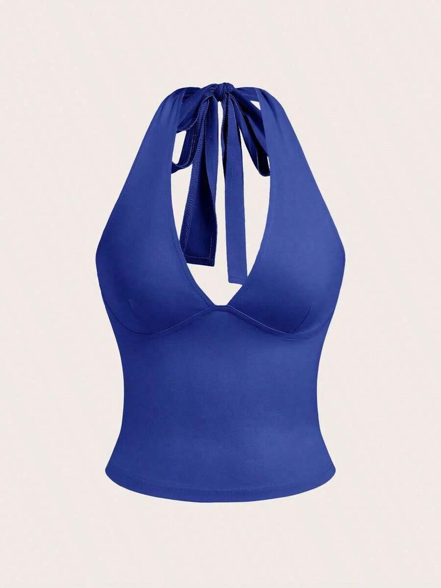 Top de tanque de vacaciones sin espalda de unicolor con cuello en V para mujeres, se puede usar como un collar colgante - azul real 2 - Ver 1