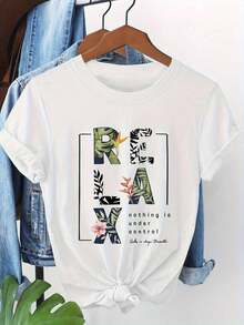 Soft 100% Cotton T-Shirt. 100% Pure Cotton. New Summer Style. Enjoy Relaxation! Tropical Relaxation Print T-Shirt, Short Sleeves, Crew Neck, Casual Style For Summer And Spring, Women's Clothing, Machine Washable. A Gift For Family, Siblings, Friends, Parents, Or Teachers. Breathable Cotton T-Shirt, Goes With Everything. - 白色 - 查看 6
