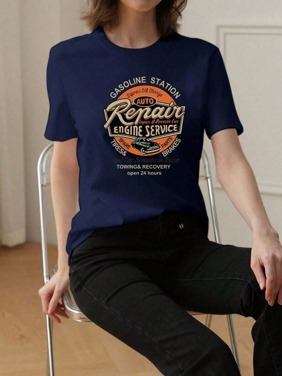 Camiseta de manga corta para mujer, 100% algodón, corte holgado, cuello redondo, informal para uso diario en verano, nueva camiseta de manga corta con estampado de letras, de algodón puro, corte holgado, cuello redondo, transpirable, suave y básica. - Azul - Ver 1