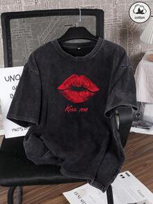 1 Piece Women's Cotton T-Shirt With Fun Lips And Letter Print, Urban Style, Comfortable, Retro Chic, Casual, Punk Style, Short Sleeve, Black, 180g, 100% Cotton - 黑色 - 查看 6