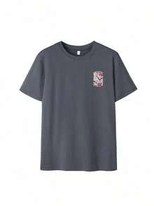 Camiseta de manga corta beige con cuello redondo, estampado floral y de letras, estilo casual, holgada y versátil para mujer, ideal para el verano y el uso diario, color blanco. - Gris Oscuro - Ver 3