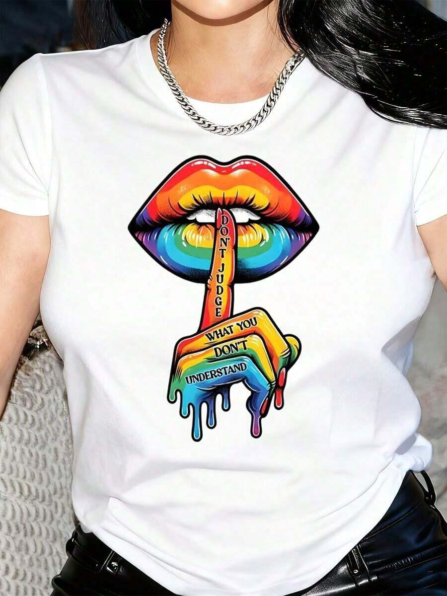 Don't Judge What You Don't Understand. Rainbow Lips T-Shirt, LGBTQIA+ Pride Awareness T-Shirt, Inclusion Equality Unisex T-Shirt - 白色 - 查看 1