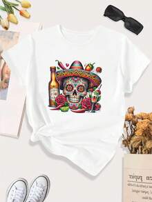 Women's T-Shirt With Mexican Skull Print, Plus Size, Casual Round Neck Sports T-Shirt, Women's Tops - 白色 - 查看 12
