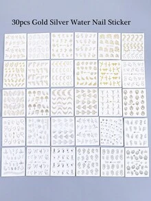 30片金属线条美甲贴纸 - 金色、银色、蜘蛛网、枫叶、卡通猫、蝴蝶、爱心、蕾丝、花卉、条纹、羽毛、法式美甲、Y2K哥特风全息水贴、DIY美甲装饰 - 彩色 - 查看 3