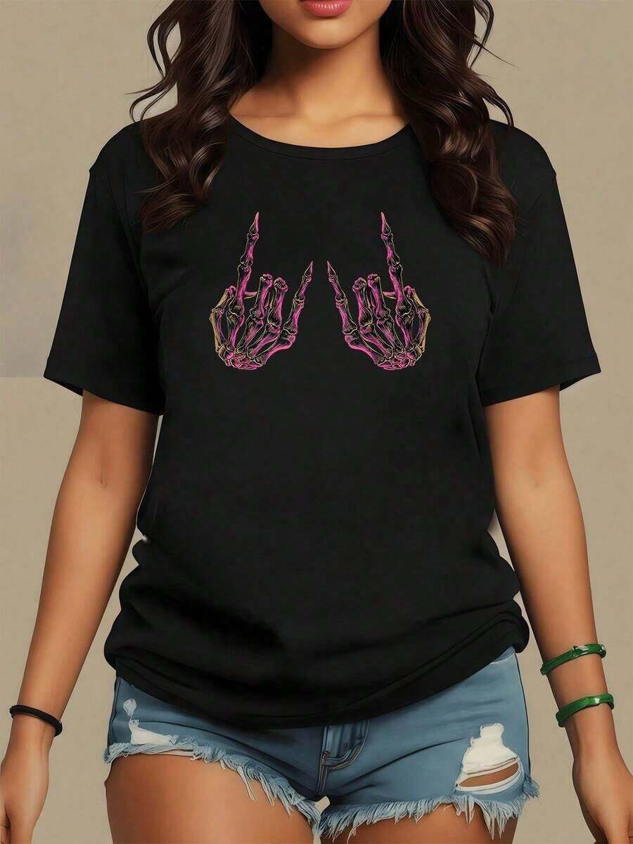 Dos manos esqueléticas en tonos rosas y dorados que se alzan mostrando una actitud rebelde y sarcástica símbolo de fuerza interior y desafío camiseta de mujer moderna casual-Vintage Street Style Unisex Loose Cotton Short Sleeve Crew Neck-Shirt - Negro - Ver 1