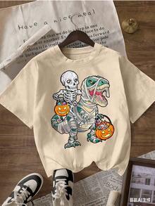 Halloween T-Shirt With Skeleton And Dinosaur Mummy, Fashionable Short-Sleeved T-Shirt For Spring And Summer 2026, Made In Mexico, 180 Grams. Cartoon Print, Couple Design, Suitable For Indoor Or Outdoor Wear. Crew Neck, Unisex, Ideal For Office And Leisure. One-Piece Pack. - APR-P631577SLNDXZGY564 - 查看 4