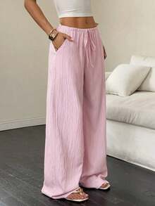 Women's Wide-Leg Pants With Diagonal Pocket, Tie Waist, And Solid-Color Textured Fabric - 粉色 - 查看 5