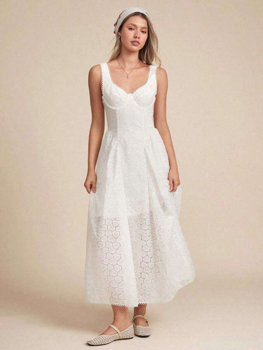 x Tata & Beatriz  Vestido midi sin mangas con ajuste entallado y vuelo, escote corazón, copas con aros, bordado con conchas marinas, cintura baja, ideal para primavera y vacaciones en la playa - Blanco 2 - Ver 1
