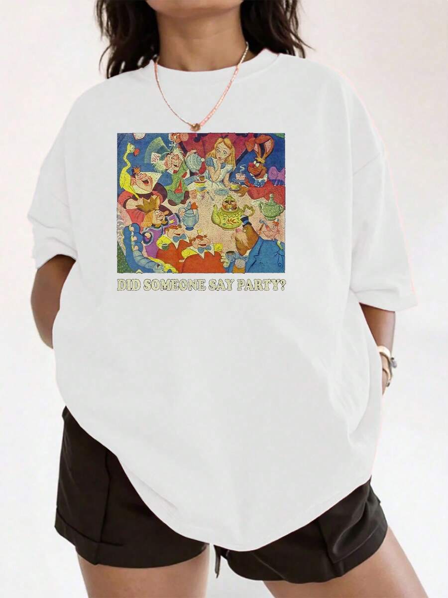 Colorful Illustration Of A Fun Tea Party With Cheerful Characters, Floating Cups, And A Magical Atmosphere That Conveys Positive Energy And Joy-Perfect For Lovers Of Fantasy. Comfortable And Casual Women's T-Shirt - 白色 - 查看 1