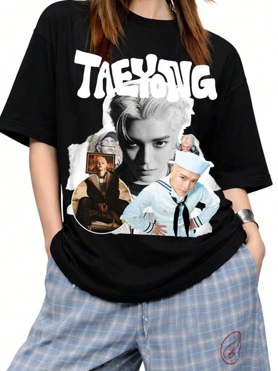 Solid T-Shirt, Remastered Merchandise Of Taeyong Ty Track 2026 Women's Shirts Women's Sweatshirts Sweater Casual Blouse Women's Summer Prom Dresses - 黑色 - 查看 1