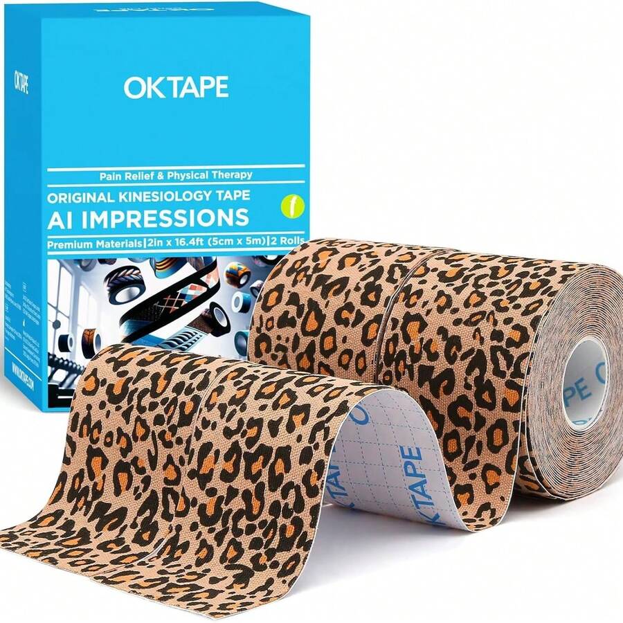 Oktape OK TAPE 低致敏數位印花運動貼布,彈性運動貼布,2 捲,2 英吋*16.4 英呎未切割捲 - 豹紋印花 - 豹紋 - 查看 1
