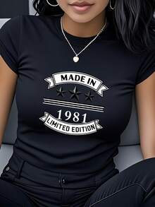 Women's Versatile Round Neck Pure Cotton Short Sleeve T-Shirt, Vintage 1981 Birthday T-Shirt - "MADE IN 1981" Design, Soft Casual Round Neck Shirt, Suitable For Birthday Parties, Ideal Gift For Women Born In 1981, Birthday Themed Top. - 黑色 - 查看 1