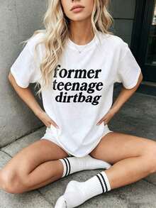Camiseta de manga corta de estilo retro y divertido, de corte holgado, con estampado de la frase "Former Teenage Dirtbag", top casual, adecuado para primavera, verano y otoño. - Blanco - Ver 7