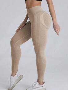 sin costuras de cintura alta de unicolor para uso diario, fitness y yoga para mujeres - Caqui - Ver 4
