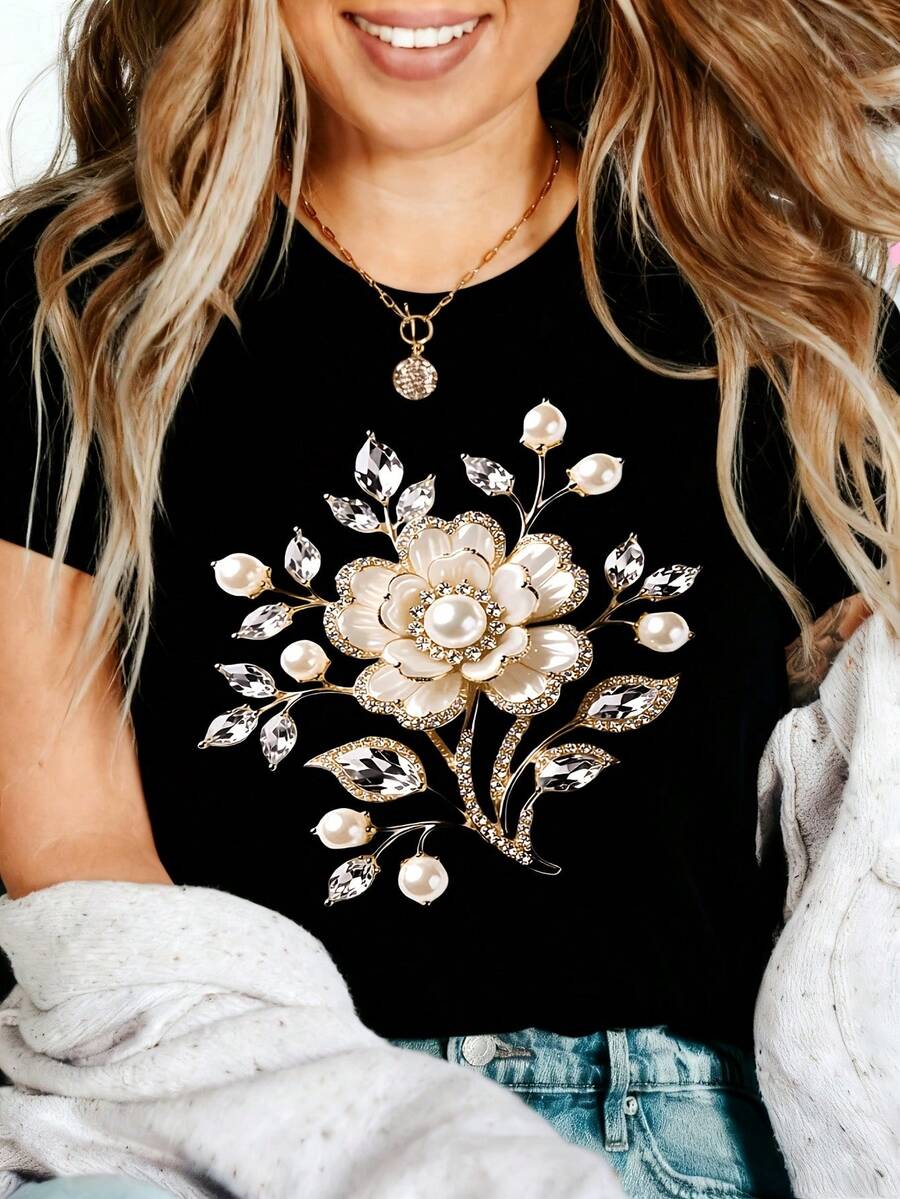 Romantic Floral Graphic T-Shirt, 100% Cotton Oversized Soft Breathable Casual Crewneck Short Sleeve Top, Spring Vibes Feminine Elegant Style For Women & Flower Lovers - 黑色 - 查看 1