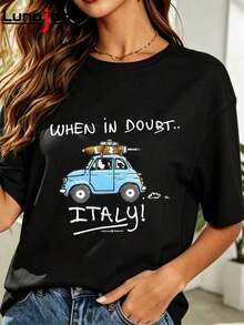 Pure Cotton Women's T-Shirt Short Sleeve Casual Plus Size Breathable Elastic Sexy Y2K When In Doubt, Italy Round Neck Does Not Shrink Elegant Spring/Summer - 黑色 - 查看 7