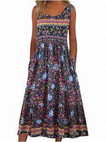 New 2025 Summer! Women's Sleeveless Bohemian Floral Casual MIDI Beach Dress With Flowing Pockets And Loose Fit - 黑色 - 查看 6