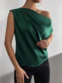 Blusa de satén con cuello asimétrico y hombro descubierto - Verde Oscuro - Ver 5