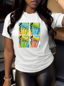 Colorful Pop Art Portrait Of A Smiling Cowboy With A Hat Symbolizing Adventure, Optimism, And Friendship. Comfortable Casual Women's T-Shirt For Everyday Wear. - 白色 - 查看 2