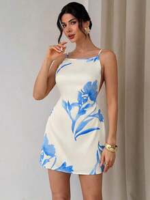 Vestido casual de mujer con estampado floral amarillo, de tirantes finos y espalda descubierta, vestido suelto de estilo hawaiano para vacaciones, vestidos de verano amarillo mantequilla para mujeres - Albaricoque - Ver 4