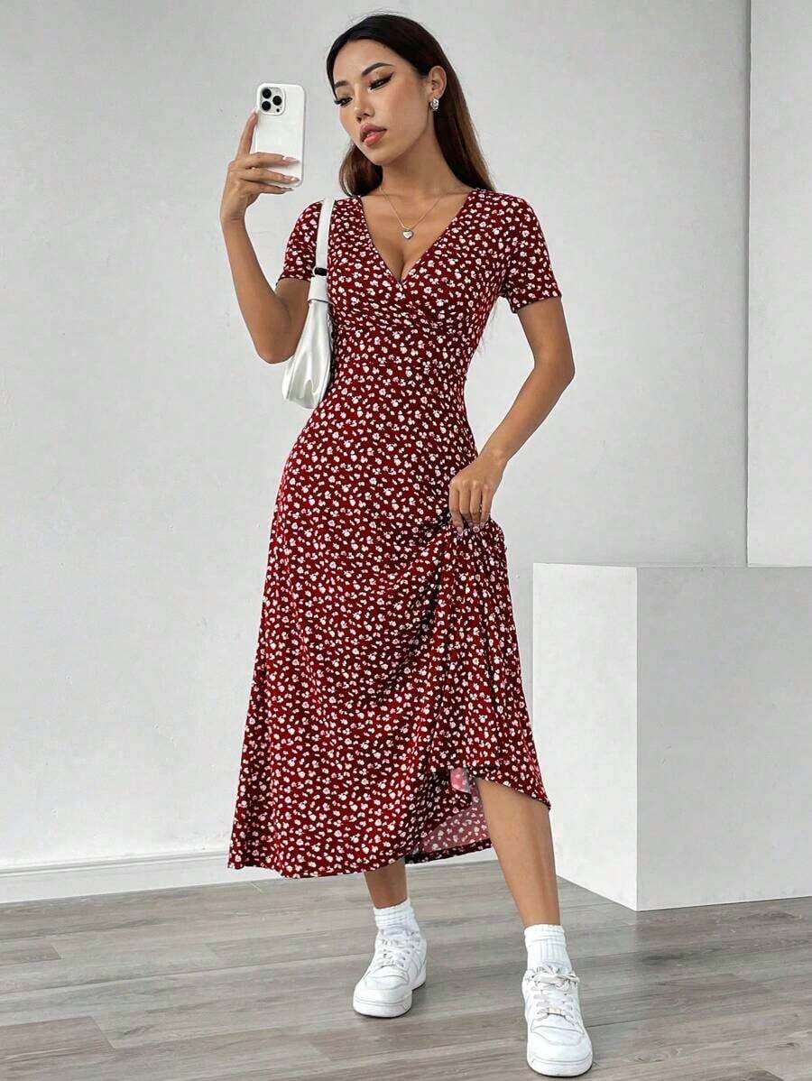 Vestido maxi casual de mujer con cintura ceñida y estampado floral ditsy - Multicolor 5 - Ver 1