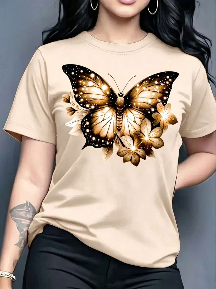 Camiseta de manga corta con cuello redondo y estampado de mariposas para mujer, estilo casual de primavera/verano - Camiseta unisex de algodón holgada con cuello redondo y manga corta, estilo vintage urbano. - Albaricoque - Ver 1