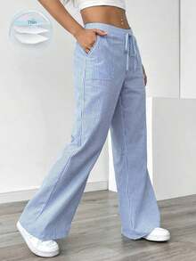 Pantalones sueltos para mujer con rayas azules de tiro bajo para vacaciones y uso informal - Azul 2 - Ver 8