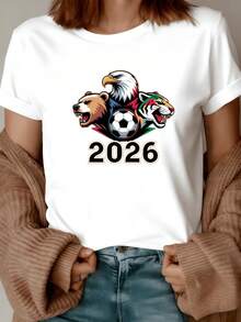 Heads Of An Eagle, A Bear, And A Tiger Surrounding A Soccer Ball With The Number 2026 Symbolizing Strength, Unity, And Passion For The Sport. Modern Casual Women's T-Shirt - 白色 - 查看 1