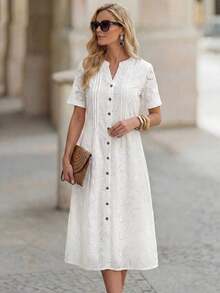 Vestido casual diario de encaje y parches para mujer, primavera y verano - Blanco - Ver 9