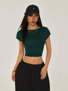 Camiseta negra con espalda abierta, adecuada para talla pequeña, para verano - Verde Oscuro - Ver 2