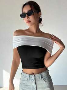 Blusa/Camiseta ajustada de hombros descubiertos con estampado de lunares para mujer - Negro 2 - Ver 2