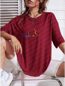 Nueva camiseta con estampado de corazón YEA para mujer, corte holgado - carmesí - Ver 1