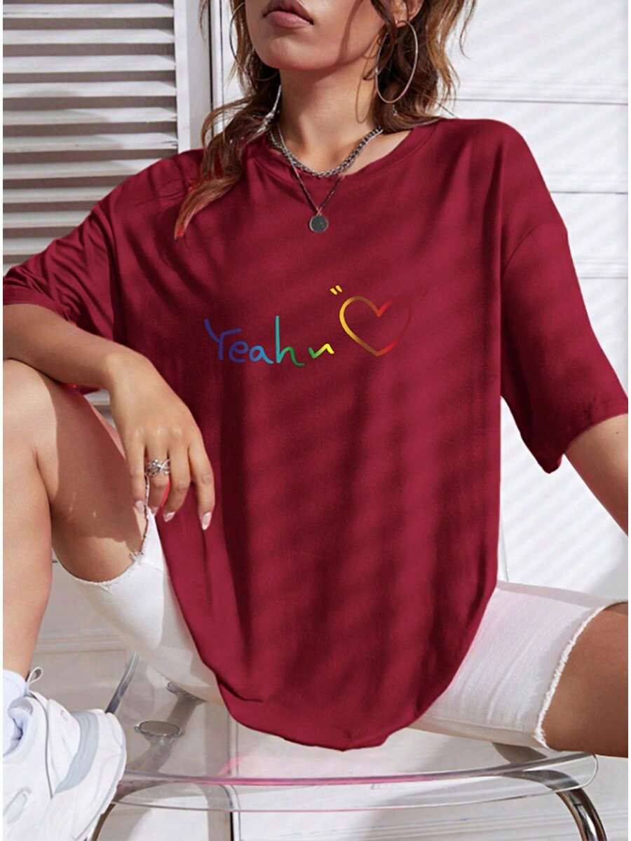 Nueva camiseta con estampado de corazón YEA para mujer, corte holgado - carmesí - Ver 1