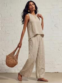 Women's Two-Piece Linen Outfit: Casual Sleeveless Crochet Vest And Wide-Leg Pants, Summer Bohemian Vacation Casual Suit. - 杏色 - 查看 5