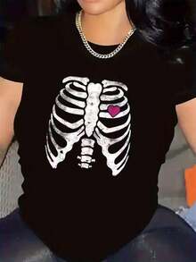 Women's T-Shirt, Skull Torso, Short Sleeve, Round Neck, 2025 Fashion, Breathable. Women's Urban Style Skeleton Print Loose Fit Round Neck Short Sleeve Spring Summer Casual T-Shirt - 黑色背景上的愛情骷髏 - 查看 1